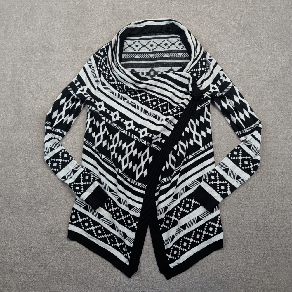 Red Camel Boho Geometric Draped Open Front Cardigan L Black White Tribal Knit